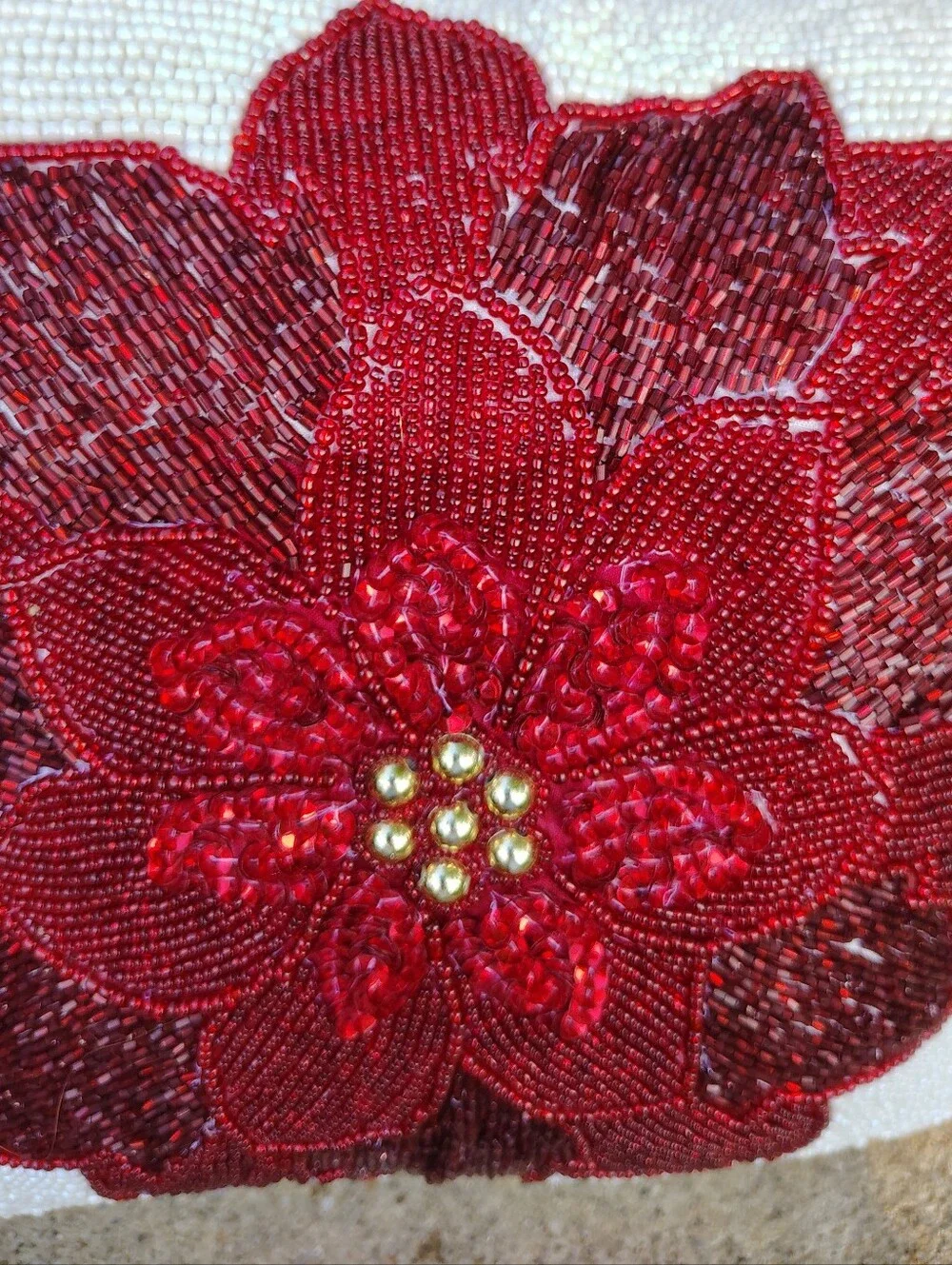 Vintage Christmas Beaded Poinsettia Throw Pillow Red White Gold Glass Seed Beads